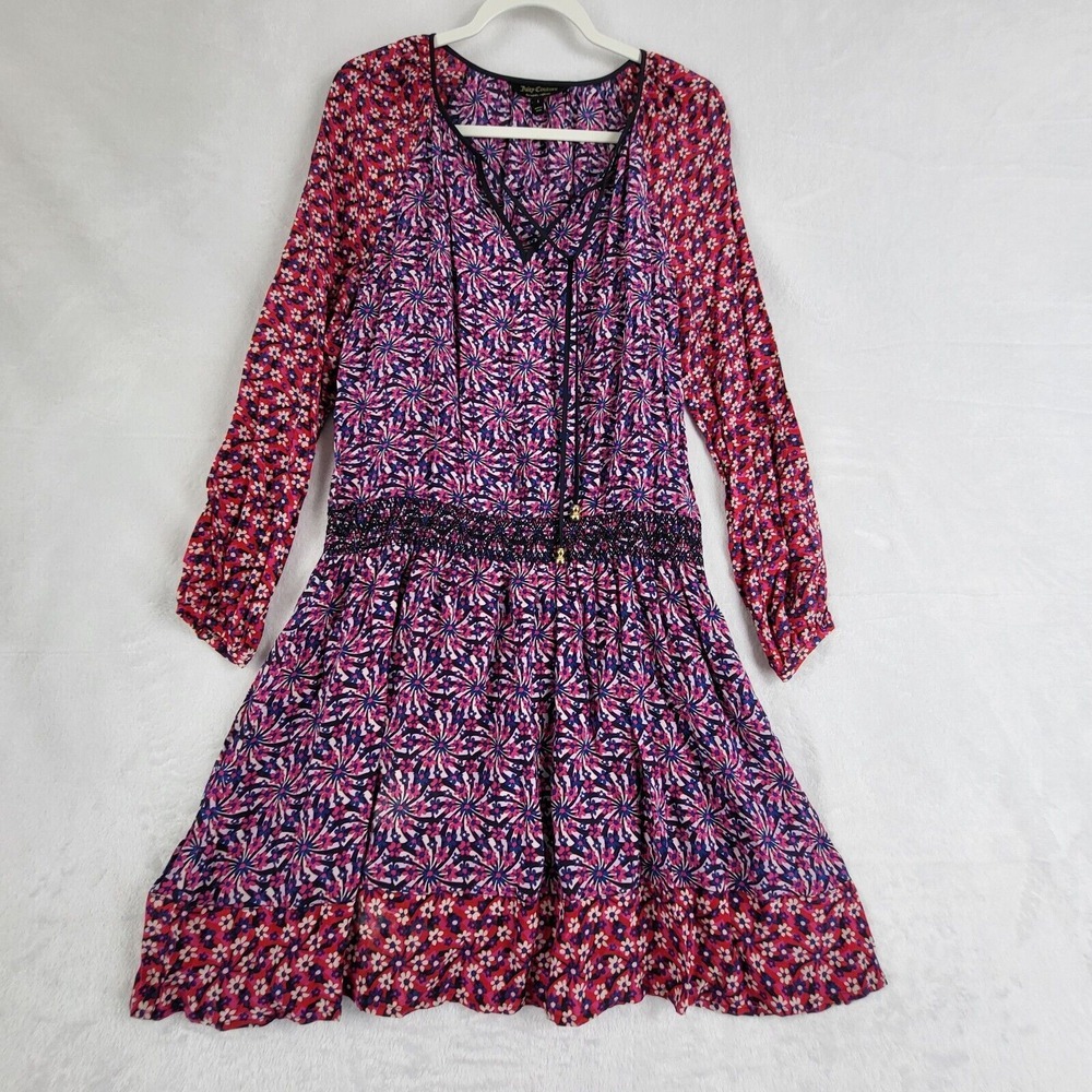 Juicy Couture Floral Print Midi Dress Size S 100% Silk Smocked Waist Long Sleeve